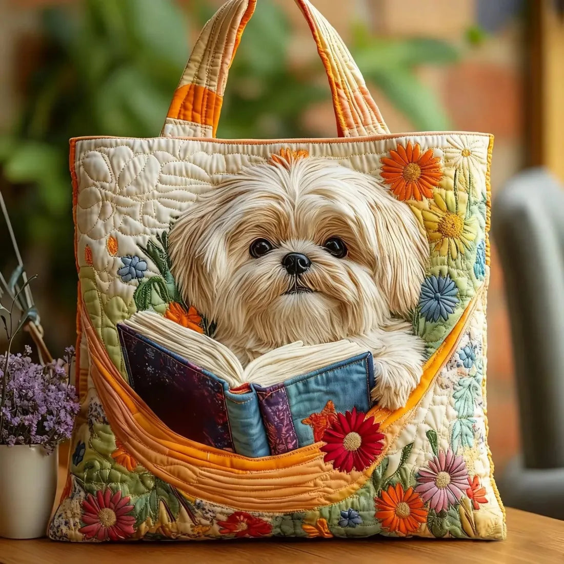 Borsa artigianale trapuntata Shih Tzu con Libri e Fiori - Emma e Gemma