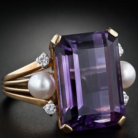 Anello Vintage in Vetro Viola con Perle Dorate - Emma e Gemma