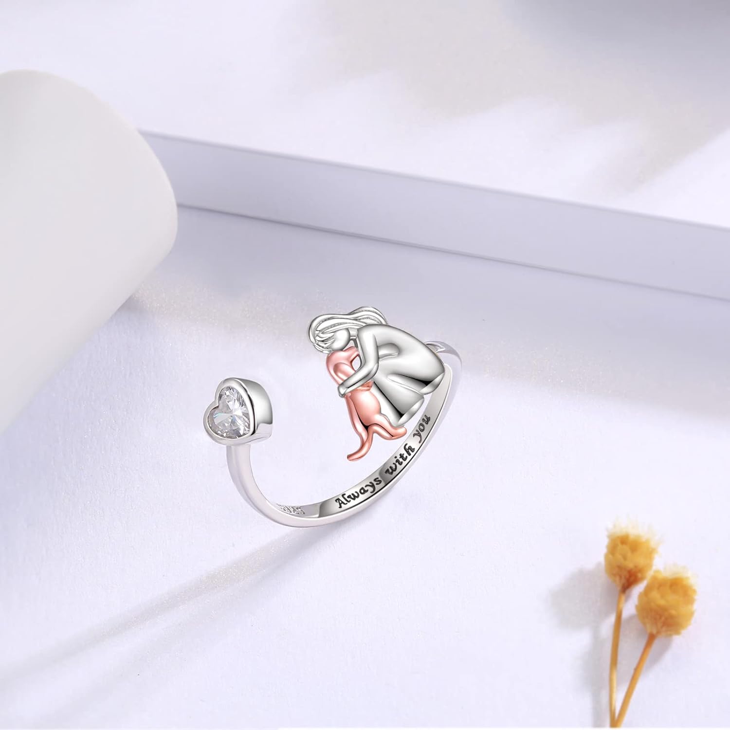 Anello Regolabile per Cani in Argento Sterling 925 – “Sempre nel Mio Cuore” con Zirconia, immagine 4 - Emma e Gemma