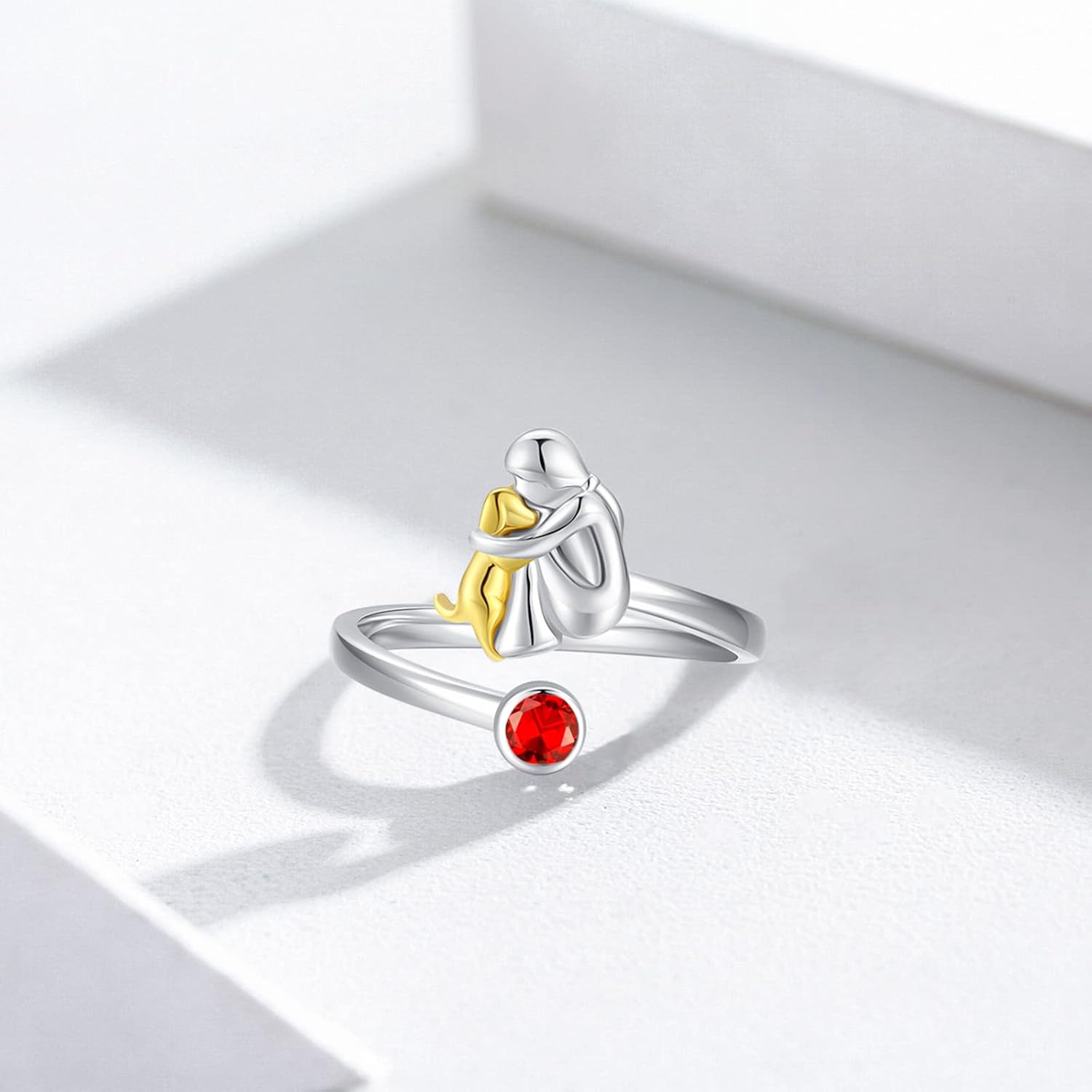 Anello in Argento Sterling con Cane e Ragazza – Regolabile e Simbolico - Emma e Gemma