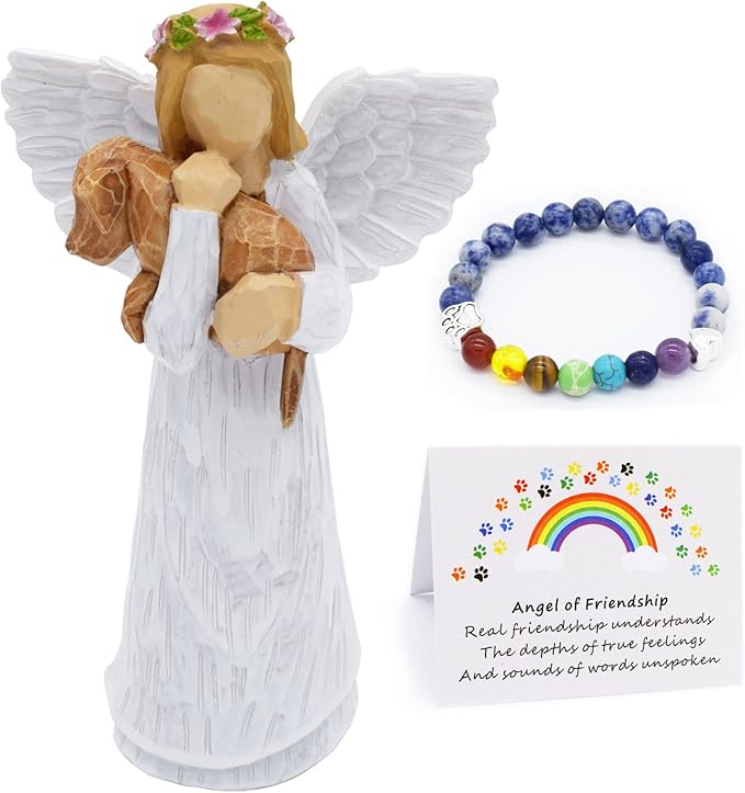 Set Regalo in Memoria del Cane con Statua dell'Angelo dell'Amicizia e Bracciale Chakra del Ponte Arcobaleno - Emma e Gemma