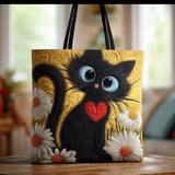 Borsa artigianale trapuntata Gatto Nero con Cuore e Margherite - Emma e Gemma