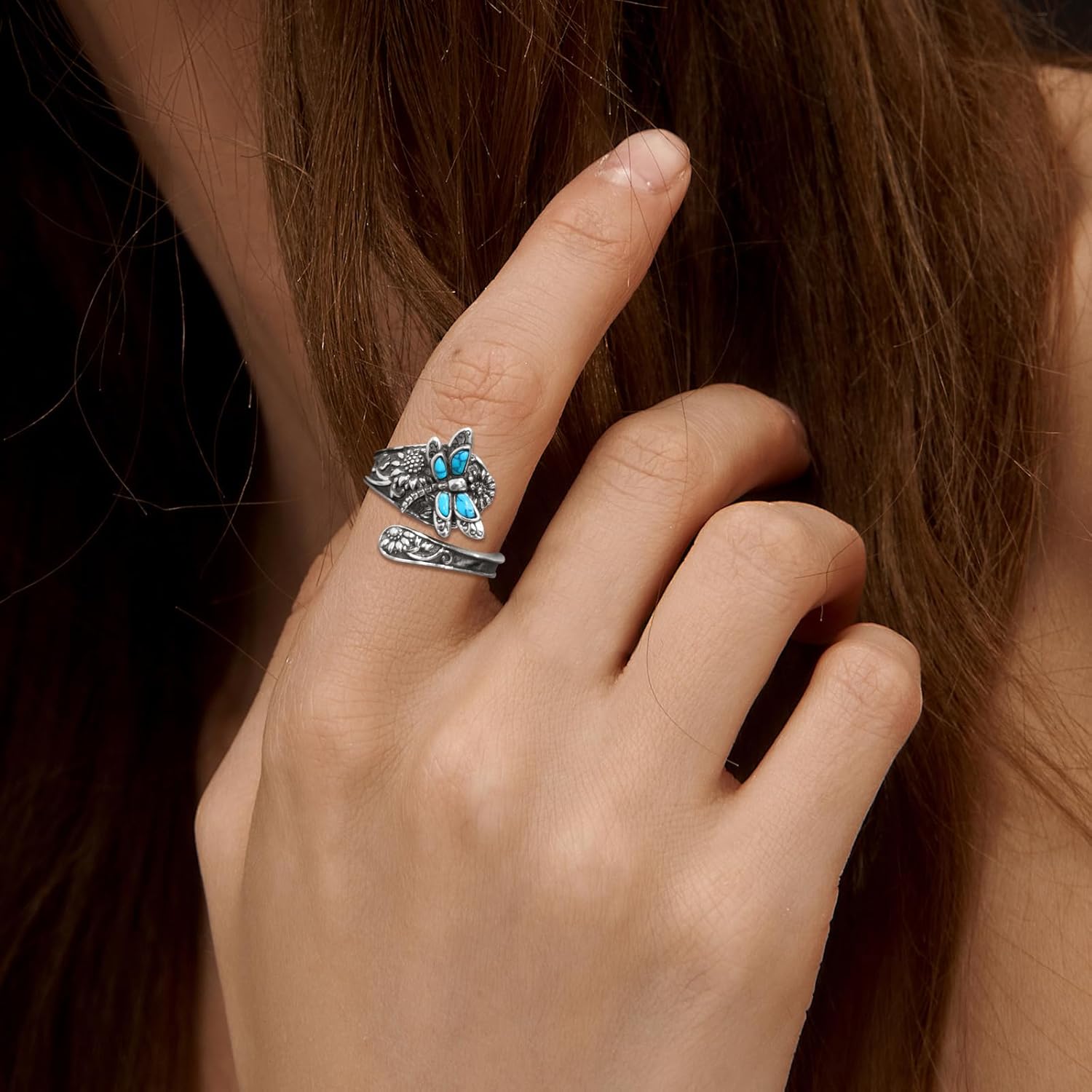 Anello a Cucchiaio in Argento Sterling con Turchese – Anello Vintage Boho con Libellula, immagine 5 - Emma e Gemma