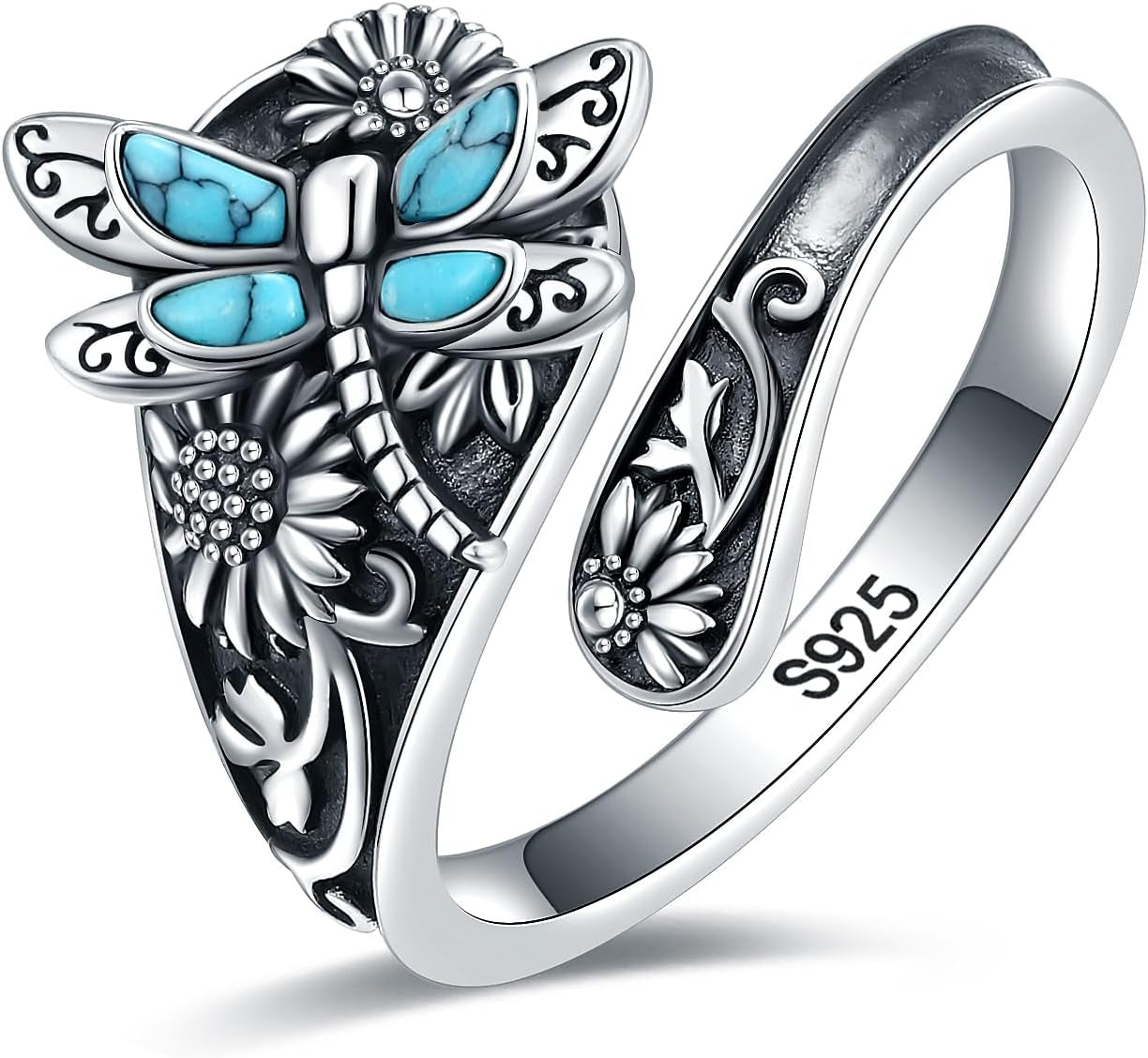 Anello a Cucchiaio in Argento Sterling con Turchese – Anello Vintage Boho con Libellula, immagine 3 - Emma e Gemma