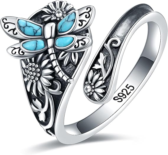 Anello a Cucchiaio in Argento Sterling con Turchese – Anello Vintage Boho con Libellula, immagine 2 - Emma e Gemma