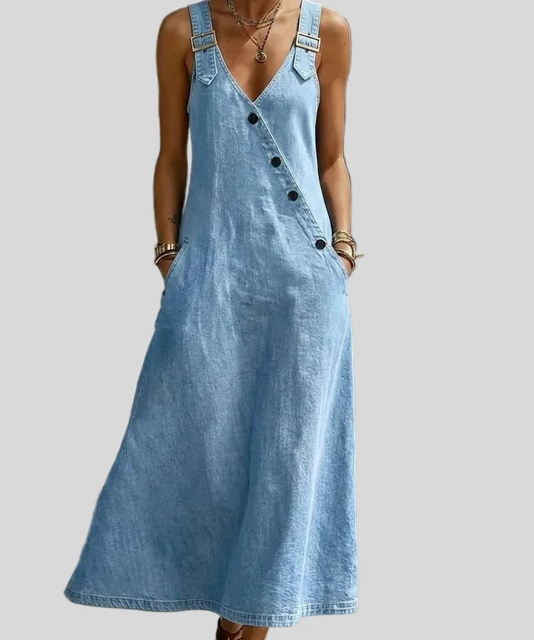 Arianna - Abito lungo in denim con bottoni - vista frontale | Emma e Gemma