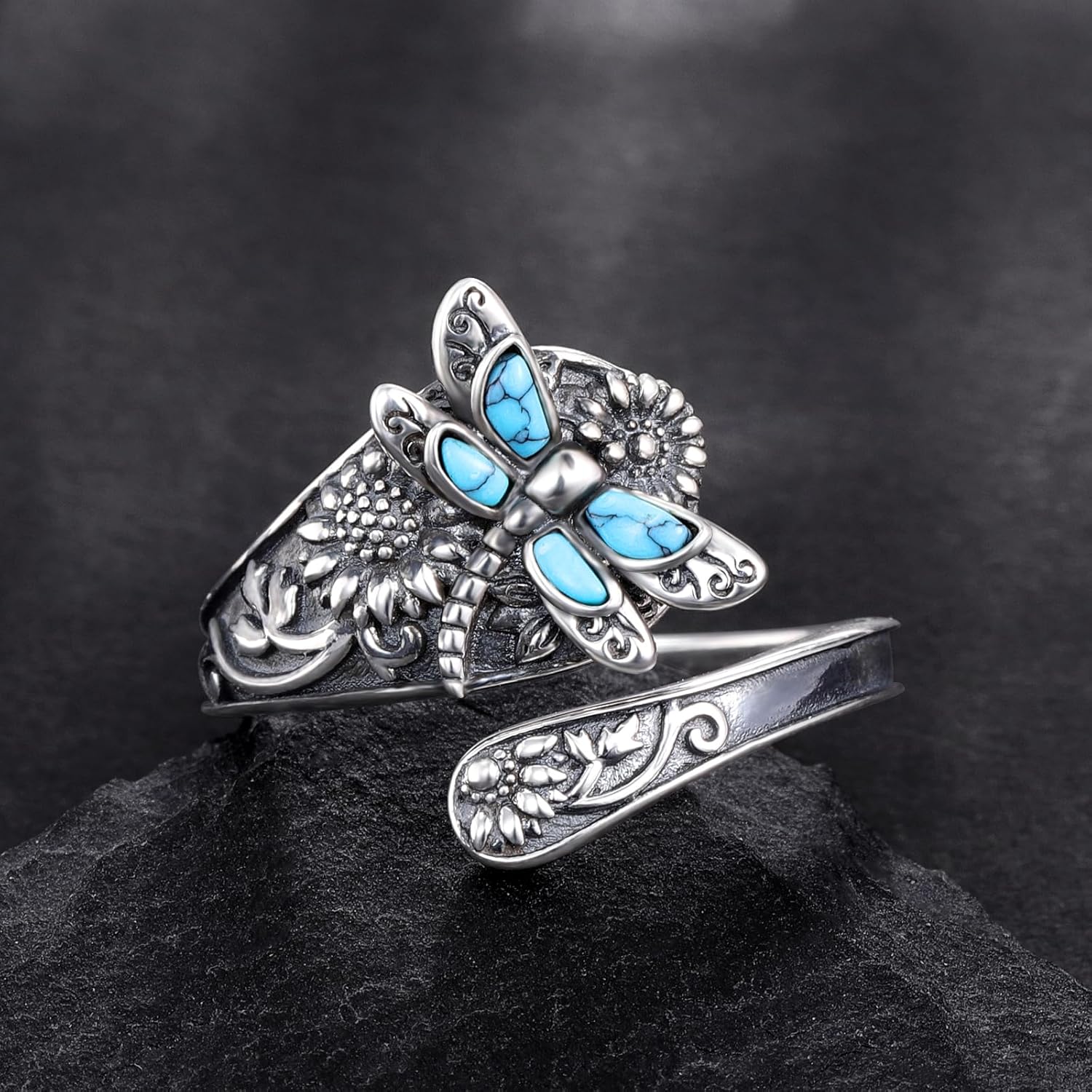 Anello a Cucchiaio in Argento Sterling con Turchese – Anello Vintage Boho con Libellula - Emma e Gemma