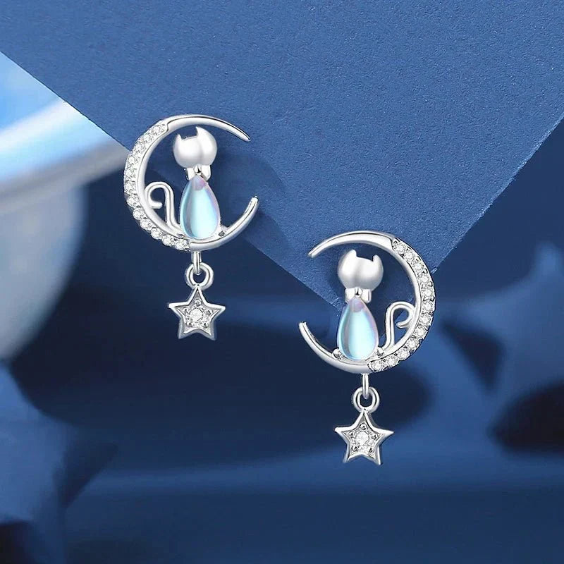 Orecchini a forma di Gatto Luna & Stella in Argento Sterling 925 con Zircone - Emma e Gemma