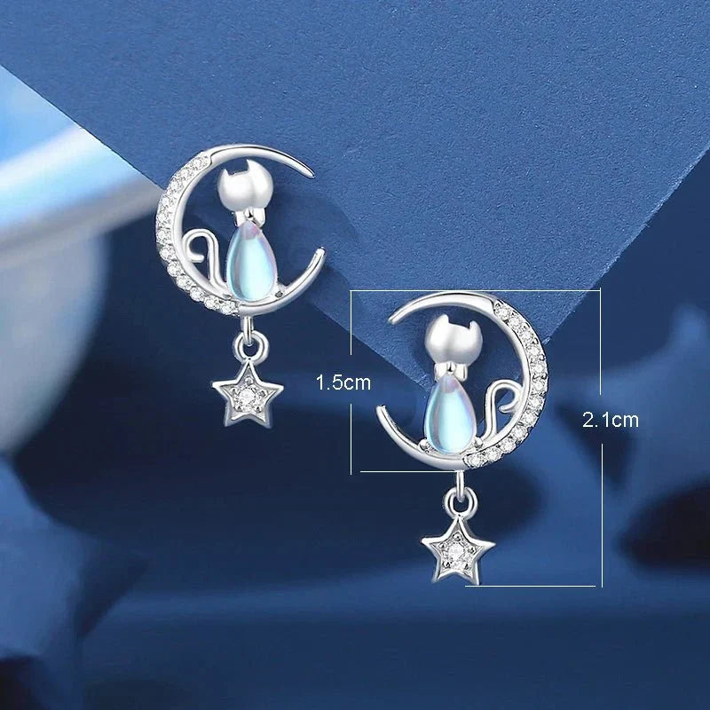 Orecchini a forma di Gatto Luna & Stella in Argento Sterling 925 con Zircone, immagine 4 - Emma e Gemma