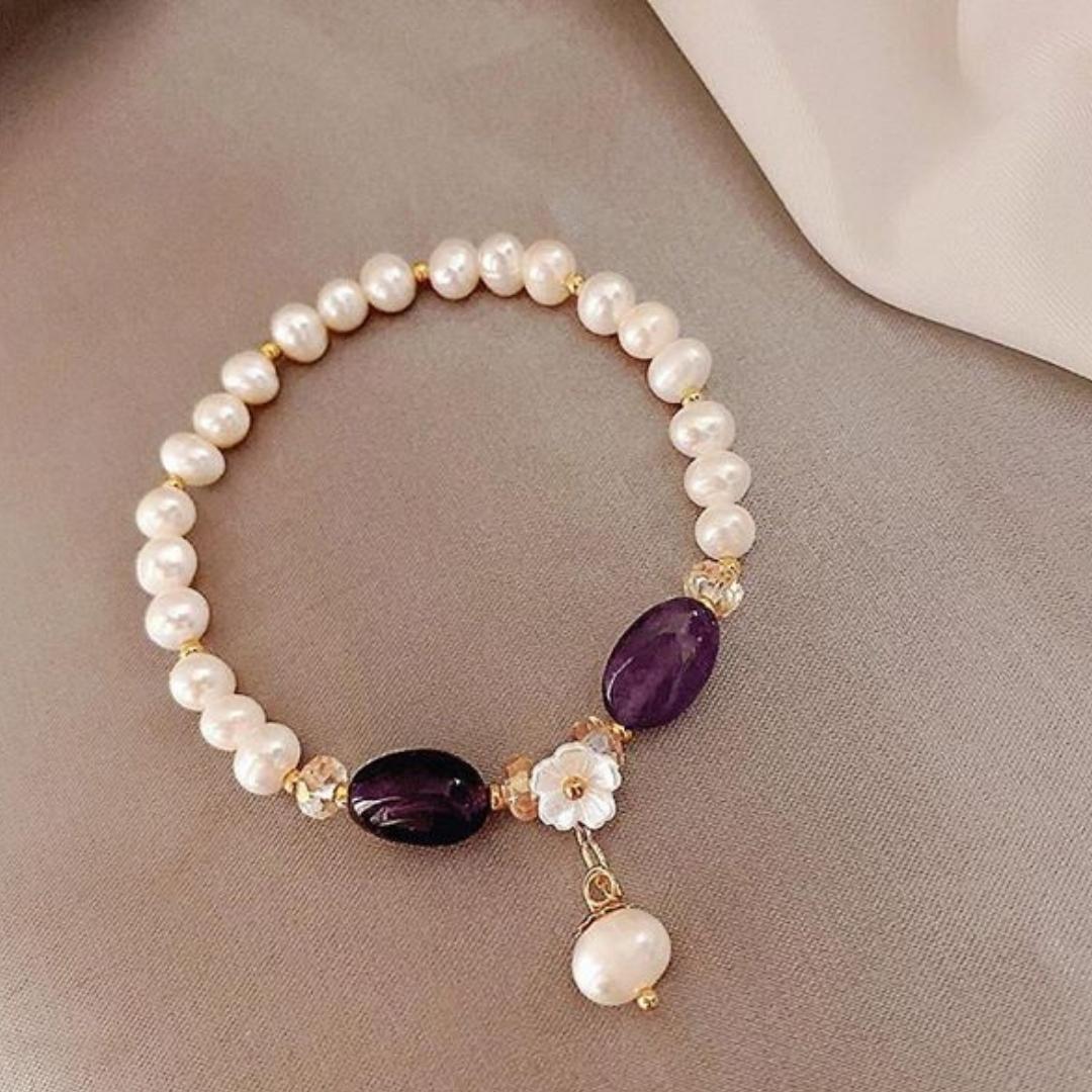 Bracciale di Perle con Pietra Viola in Oro - Emma e Gemma