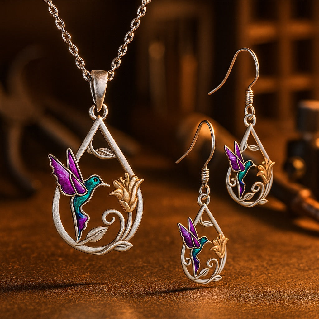 Bellissima Collana con Colibrì per Donne con Orecchini Bonus - Emma e Gemma