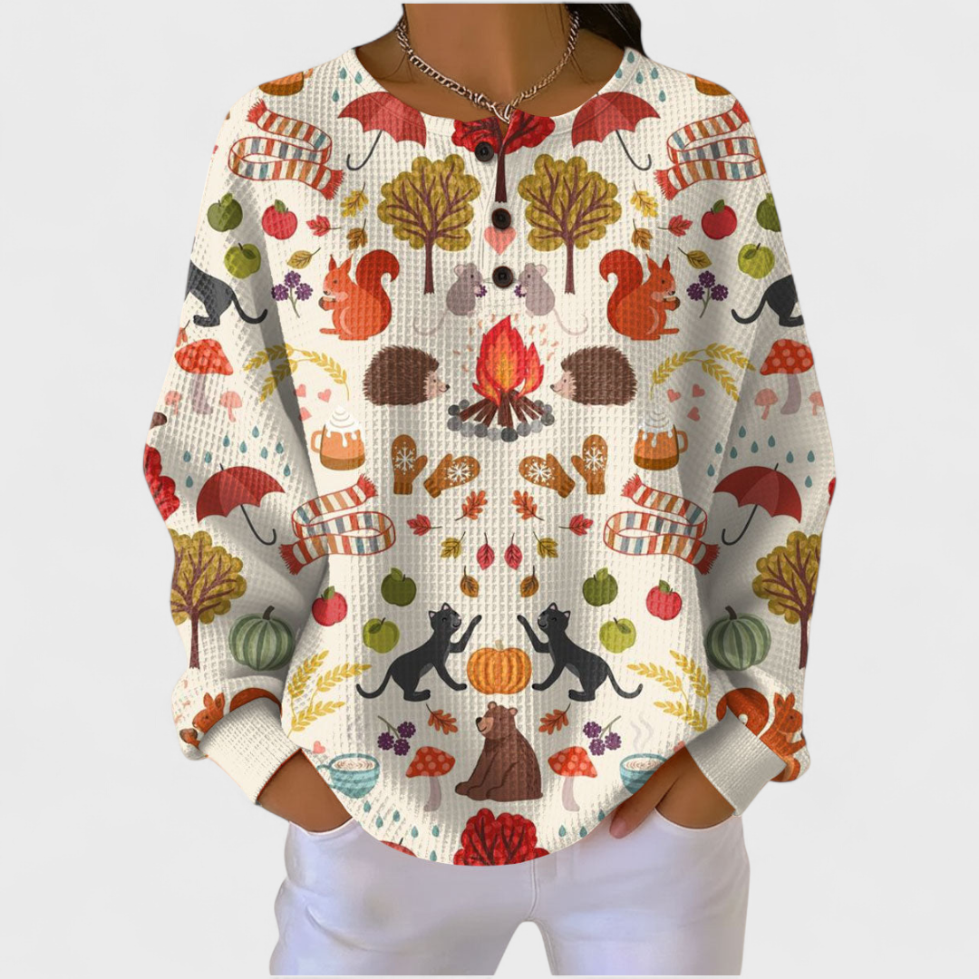 Alma - Pullover color crema con motivo autunnale di bosco