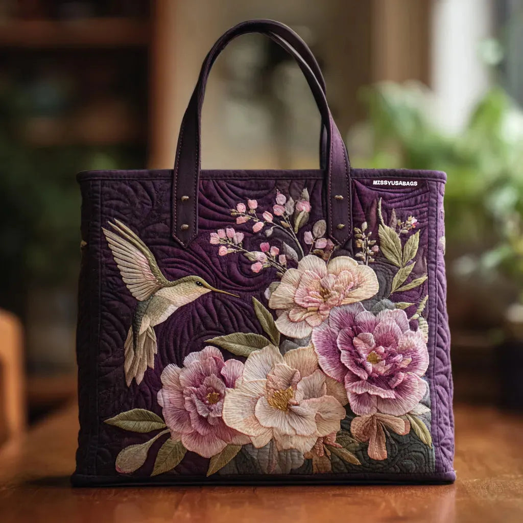Borsa artigianale trapuntata Viola con Colibrì e Orchidee - Emma e Gemma