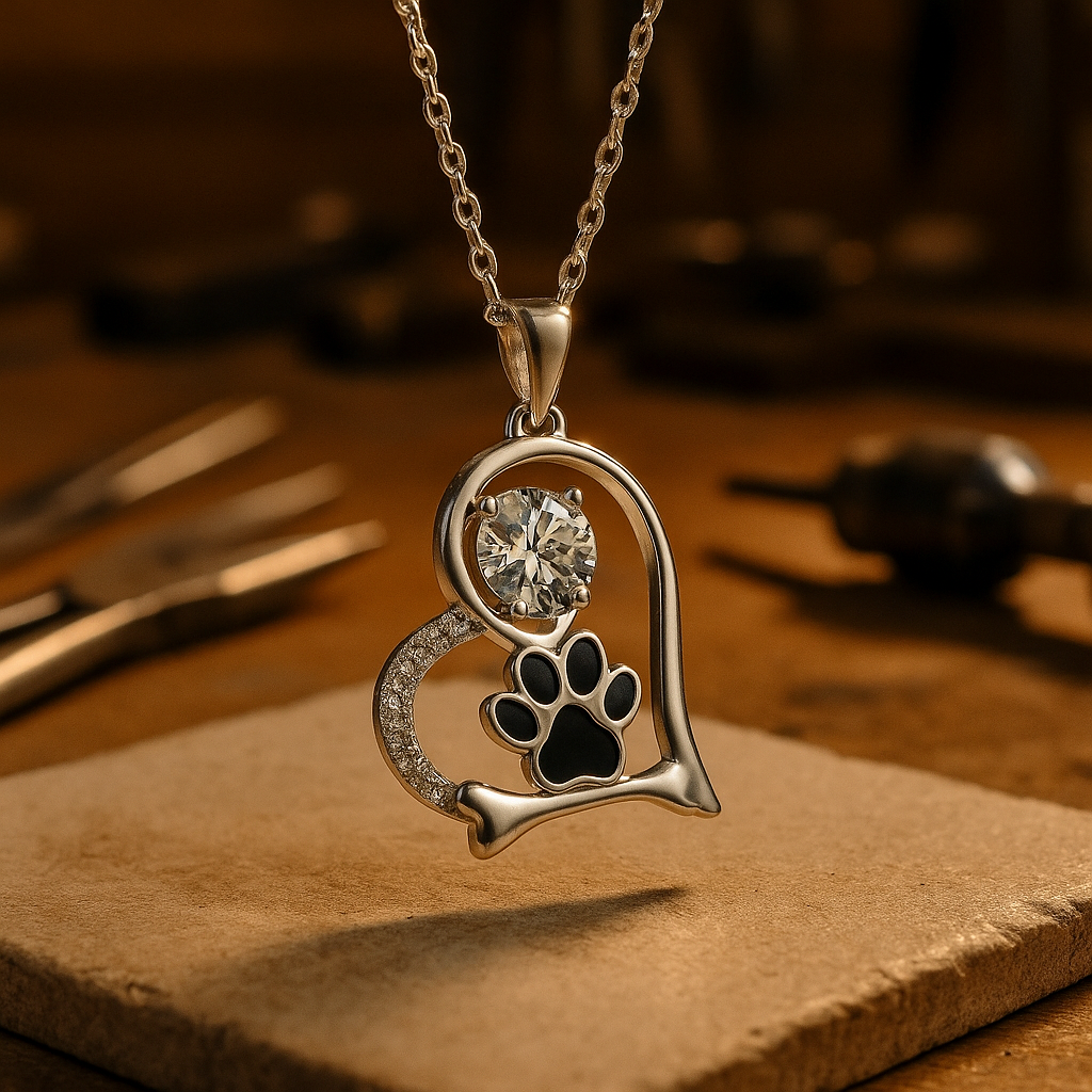 Collana Artigianale con Stampa di Zampa di Cane e Osso con Zirconia - Emma e Gemma