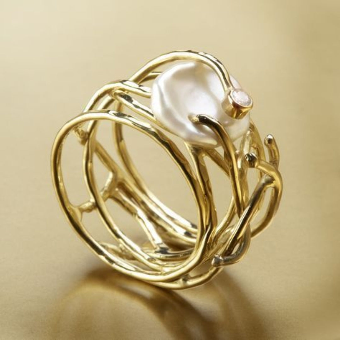 Anello Vintage Sottile in Oro e Perle - Emma e Gemma