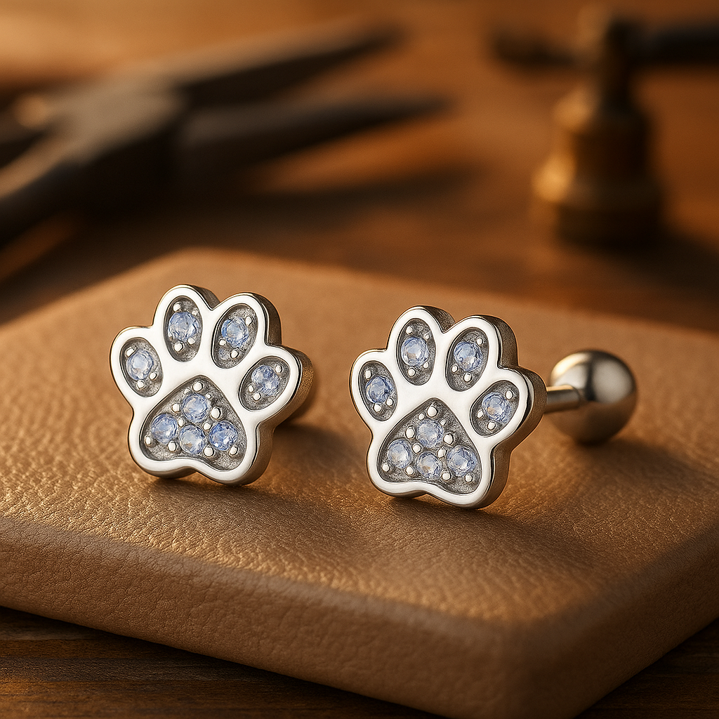 Orecchini a perno con impronta di zampa in argento sterling – Accento di cristallo - Emma e Gemma