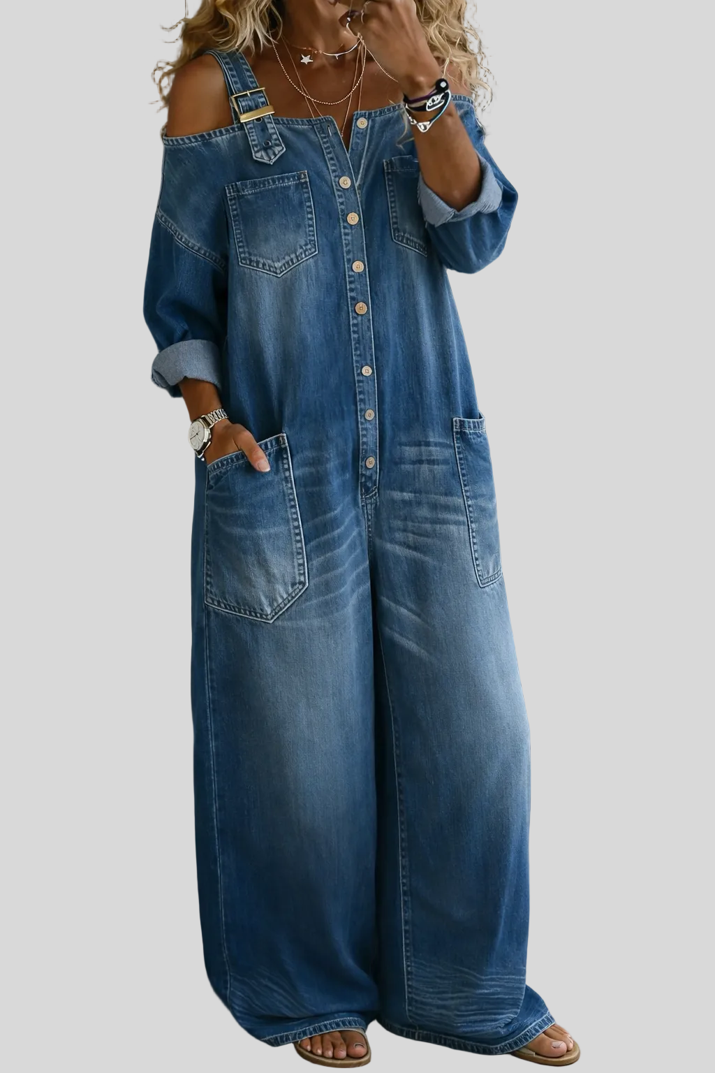 Chiara - Tuta in denim con spalle scoperte - vista frontale | Emma e Gemma