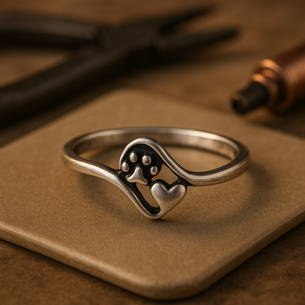 Anello Vintage in Argento Sterling con Zampa e Cuore - Emma e Gemma