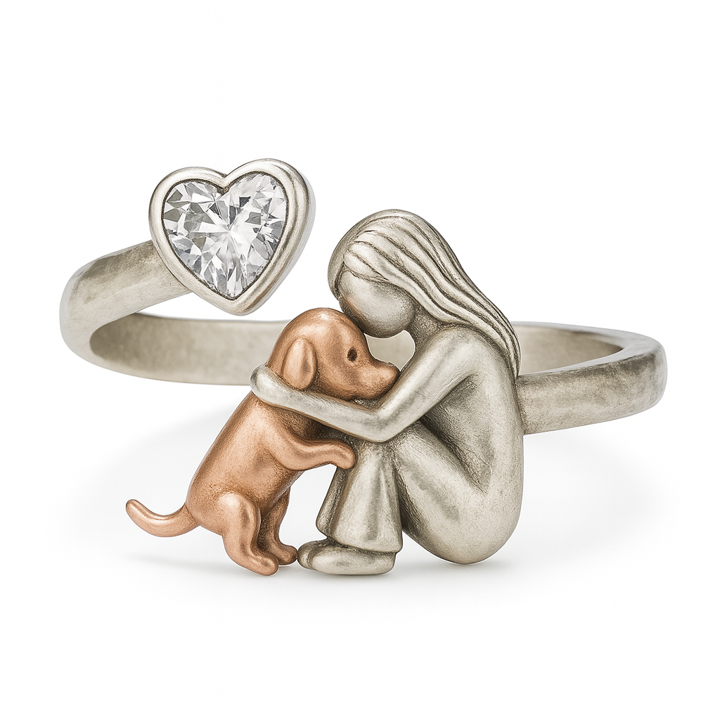 Anello per Cani in Argento Sterling 925 Fatti a Mano con Zirconia a Forma di Cuore – Misura Regolabile, immagine 2 - Emma e Gemma