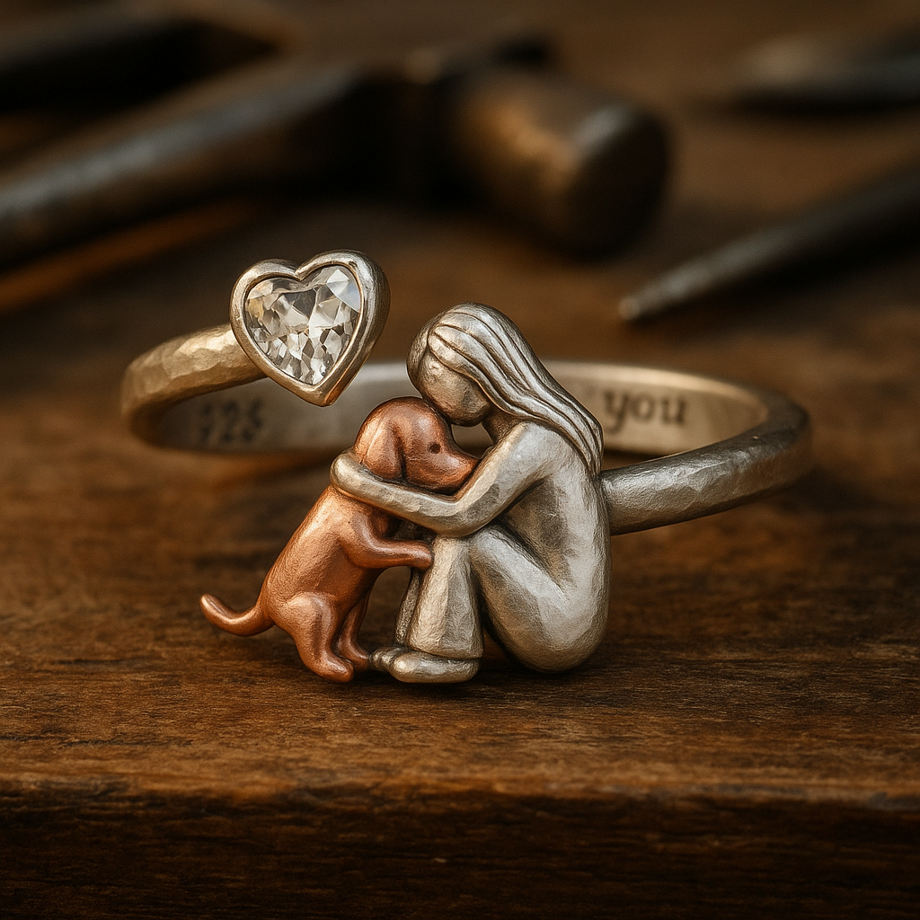 Anello per Cani in Argento Sterling 925 Fatti a Mano con Zirconia a Forma di Cuore – Misura Regolabile - Emma e Gemma