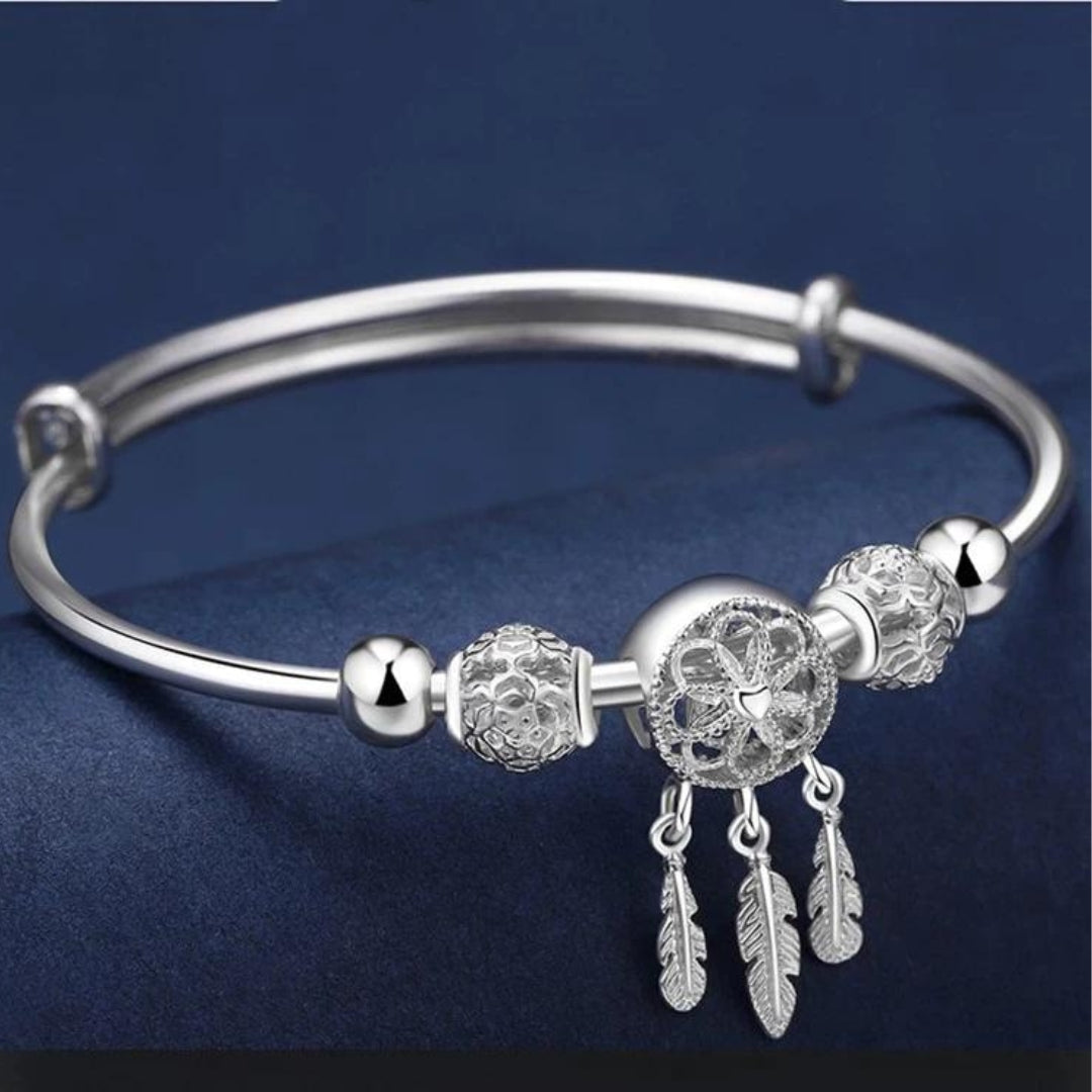 Bracciale Regolabile in Argento Sterling 925 con Charms a Foglia Tripla - Emma e Gemma