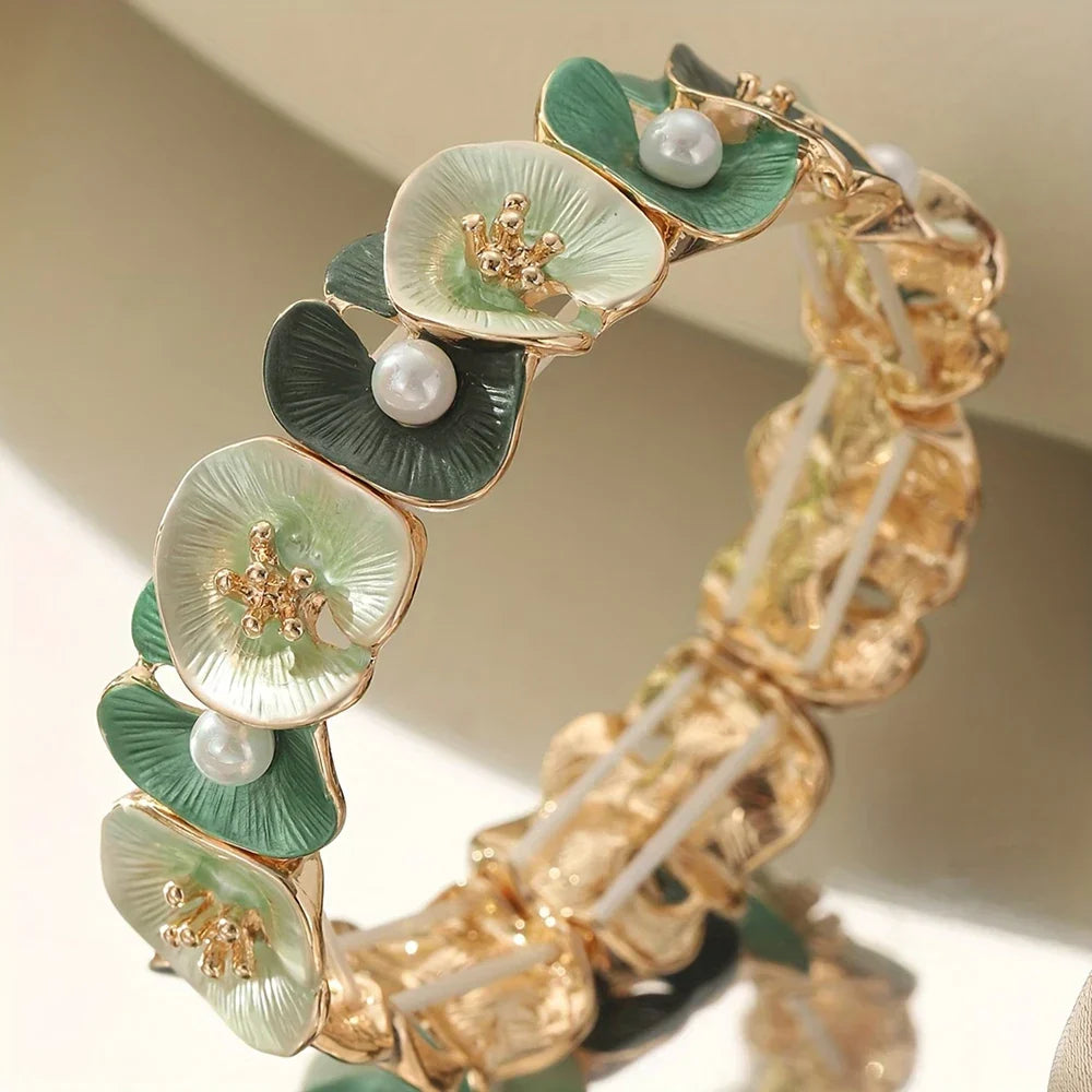 Bracciale Vintage Verde Floreale con Perle - Emma e Gemma