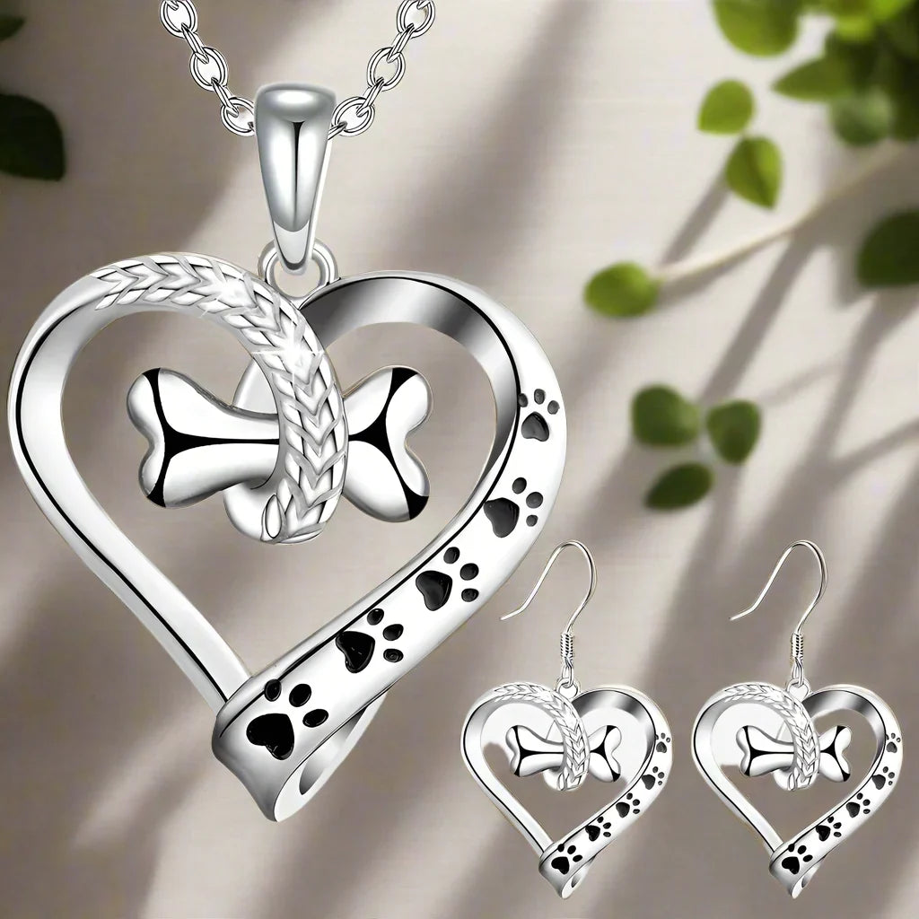 Set di Gioielli in 2 Pezzi con Charms a Forma di Zampa, Cuore e Osso - Emma e Gemma