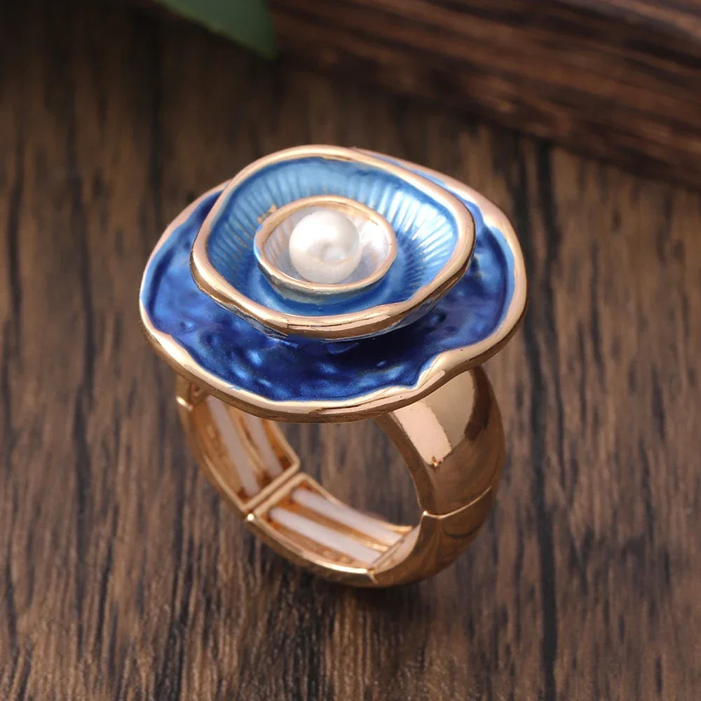 Anello Regolabile Vintage Blu e Oro con Perle - Emma e Gemma