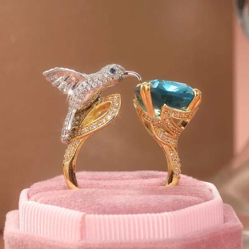 Anello Regolabile Colore Acquamarina con Colibrì – Placcato Oro 14K, immagine 4 - Emma e Gemma