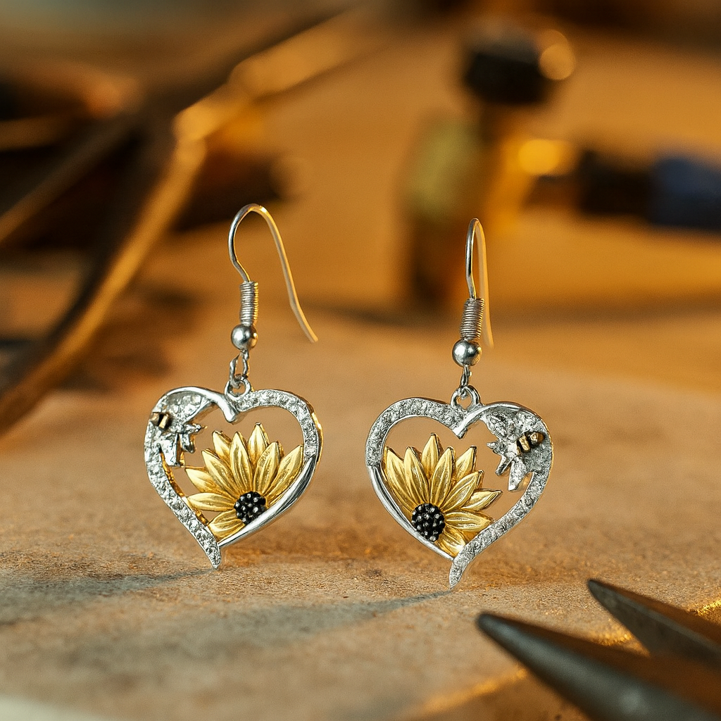 Orecchini Pendenti Vintage Boho a Forma di Cuore con Girasole e Ape - Emma e Gemma