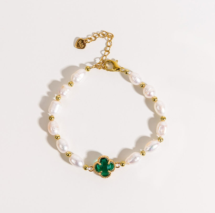 Bracciale a Quattro Foglie di Edera con Smeraldi e Perle in Oro - Emma e Gemma