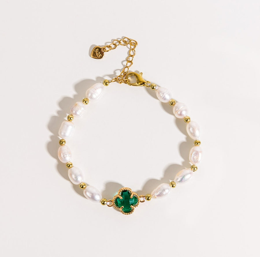 Bracciale a Quattro Foglie di Edera con Smeraldi e Perle in Oro - Emma e Gemma