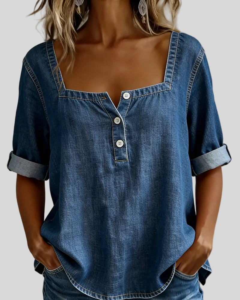 Francesca - Camicia in denim con colletto quadrato - vista frontale | Emma e Gemma