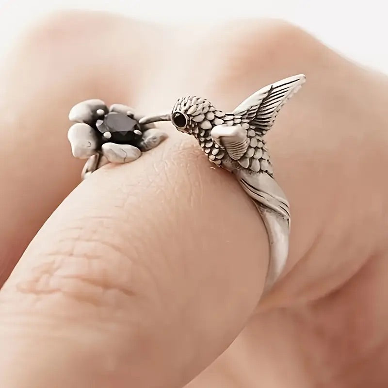 Anello Colibrì e Fiore – Anello Aperto Regolabile per Donne - Emma e Gemma