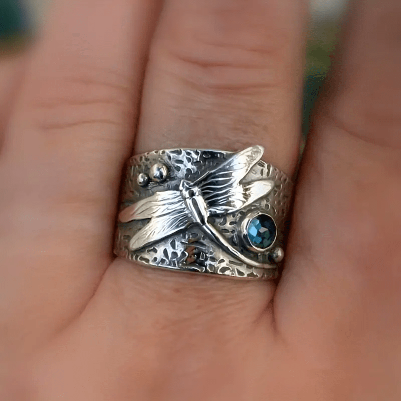 Anello in Argento con Libellula in Cristallo Blu Vintage - Emma e Gemma