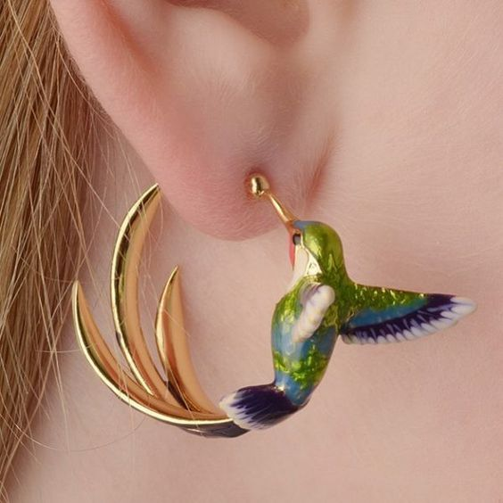 Orecchini a cerchio in smalto vintage con colibrì - Kaja i Maja
