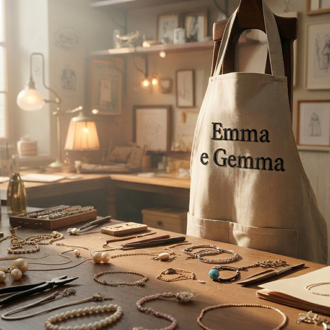 Grembiule artigianale ricamato 'Emma e Gemma' in un laboratorio di gioielleria con perle e strumenti sul tavolo