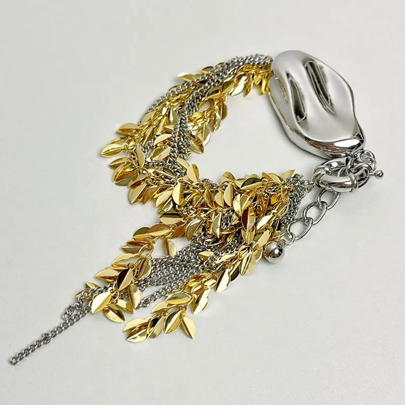 Bracciale Regolabile con Charm a Foglia in Oro e Argento Vintage - Emma e Gemma