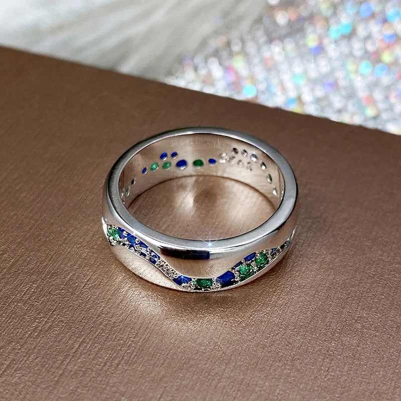 Anello Vintage in Argento con Pietre Blu e Verdi a Onda - Emma e Gemma