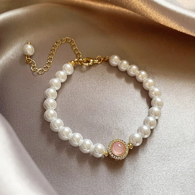 Bracciale Vintage in Perle e Quarzo Rosa con Oro - Emma e Gemma