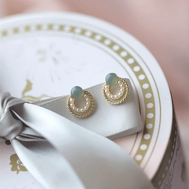 Orecchini Vintage in Oro con Pietra Verde e Perla - Emma e Gemma