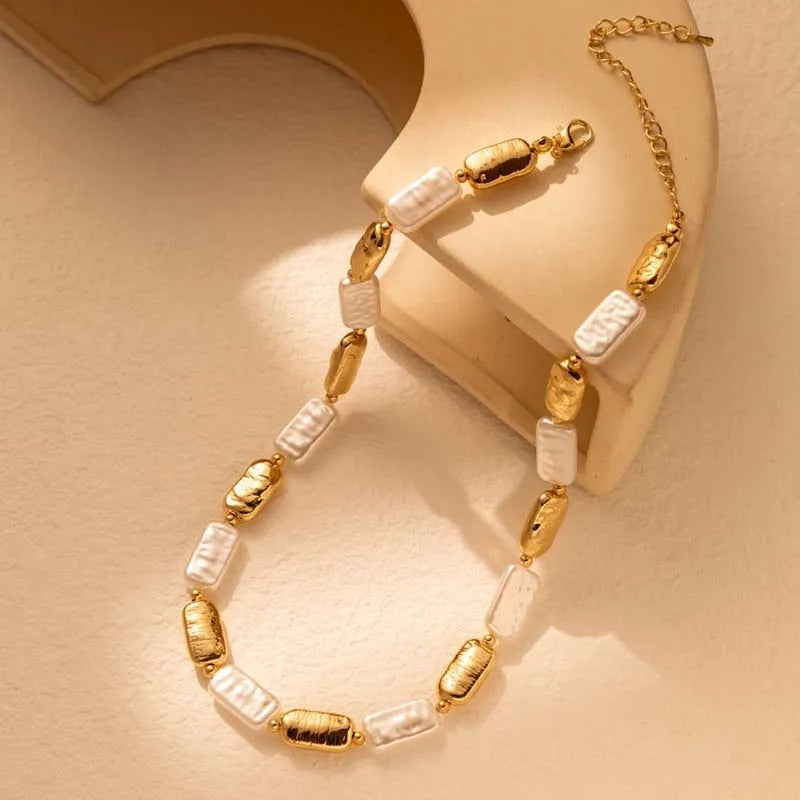 Collana di Perle e Perline Rettangolari in Oro e Bianco Vintage - Emma e Gemma