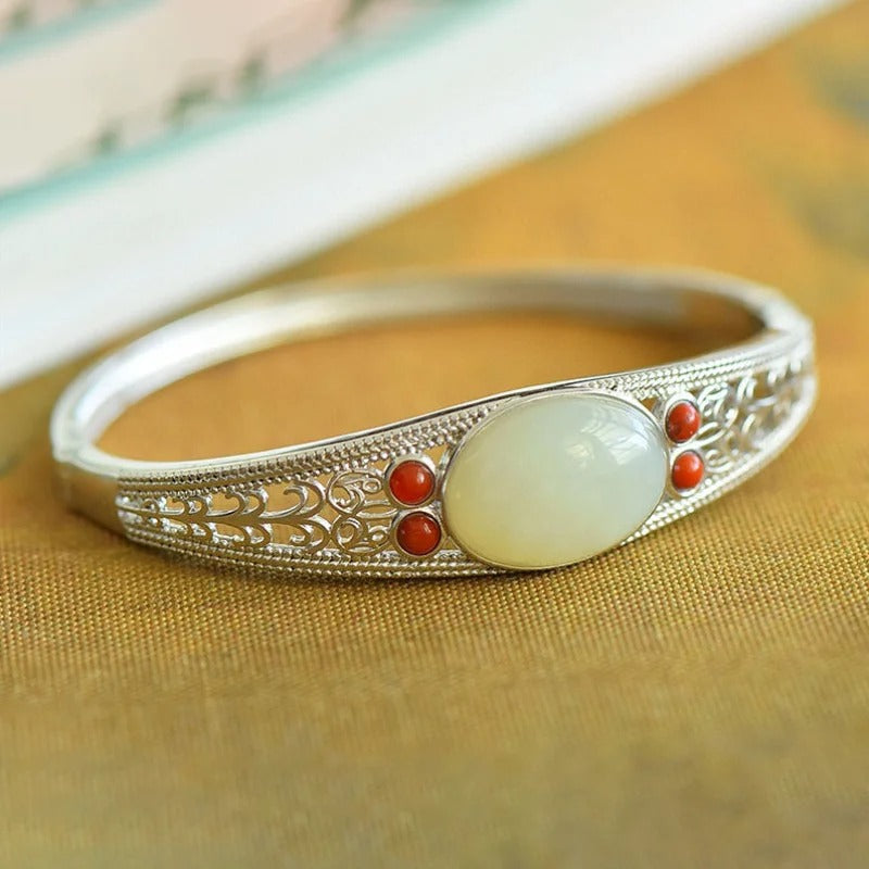 Bracciale Rigido in Argento Classico con Pietra Verde e Corallo - Emma e Gemma