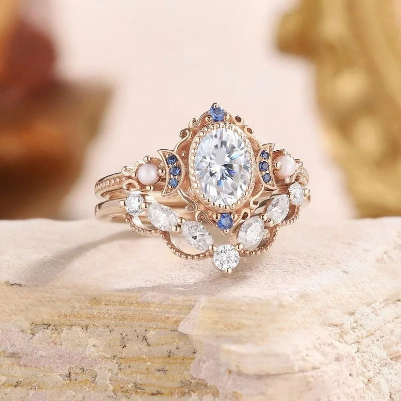 Anello Vintage in Oro Rosa con Perla e Pietra Blu - Emma e Gemma