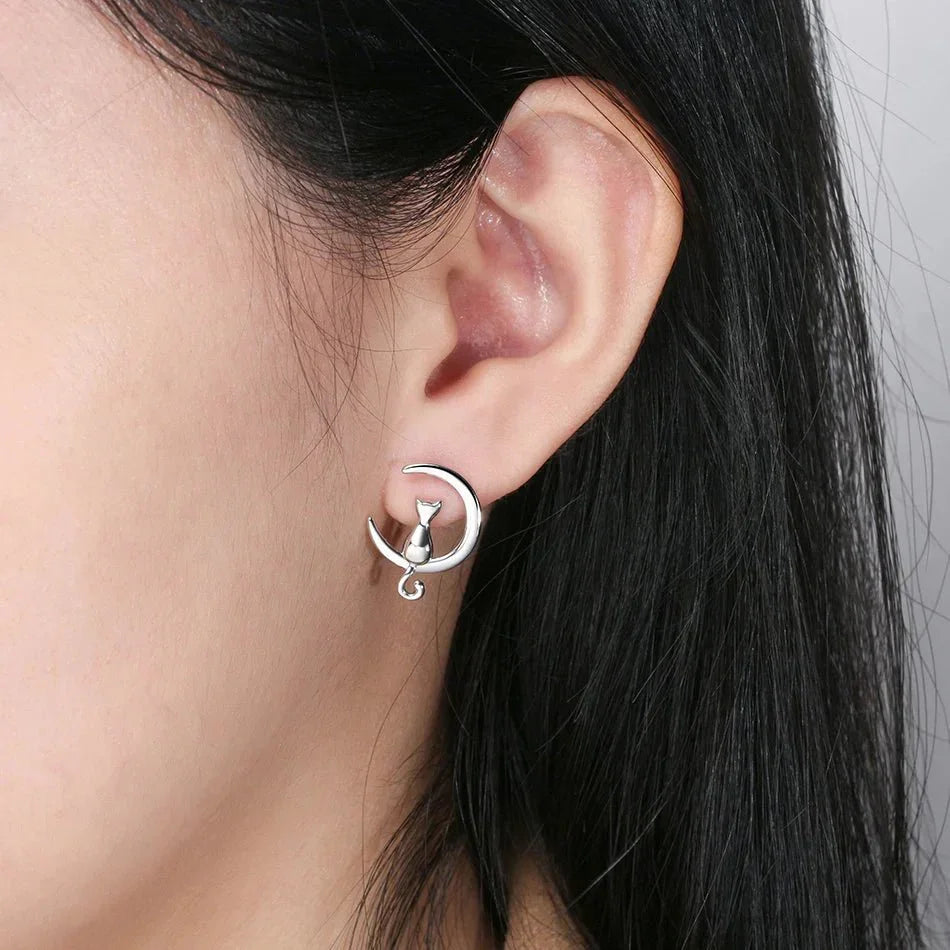 Orecchini a perno in argento sterling con Luna e Gatto, immagine 3 - Emma e Gemma