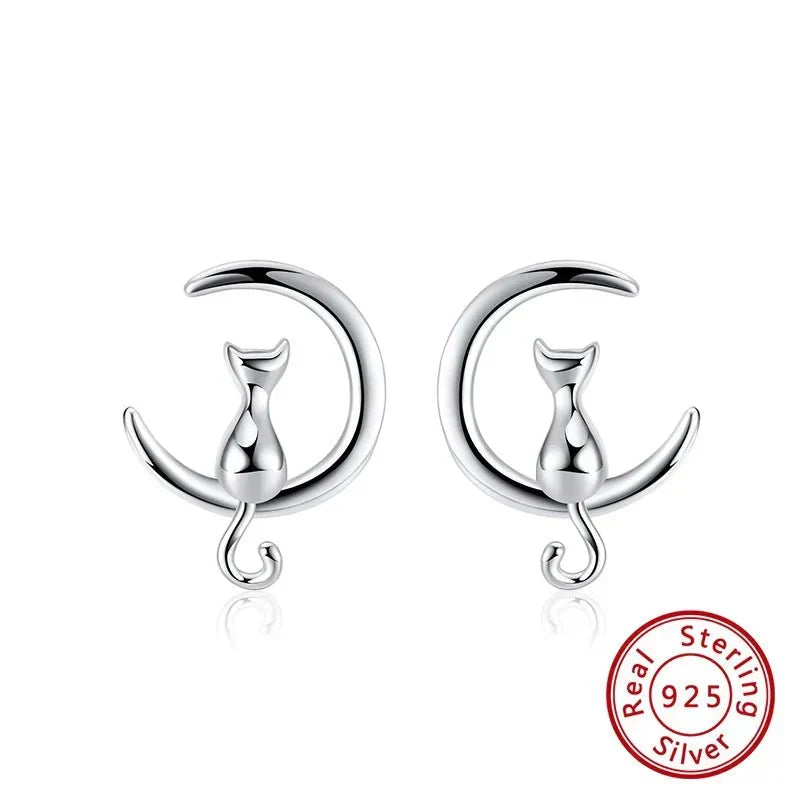 Orecchini a perno in argento sterling con Luna e Gatto, immagine 5 - Emma e Gemma