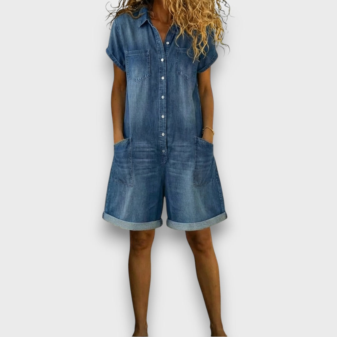 Federica - Salopette corta in cotone effetto denim - vista frontale | Emma e Gemma