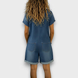 Federica - Salopette corta in cotone effetto denim - da vicino | Emma e Gemma