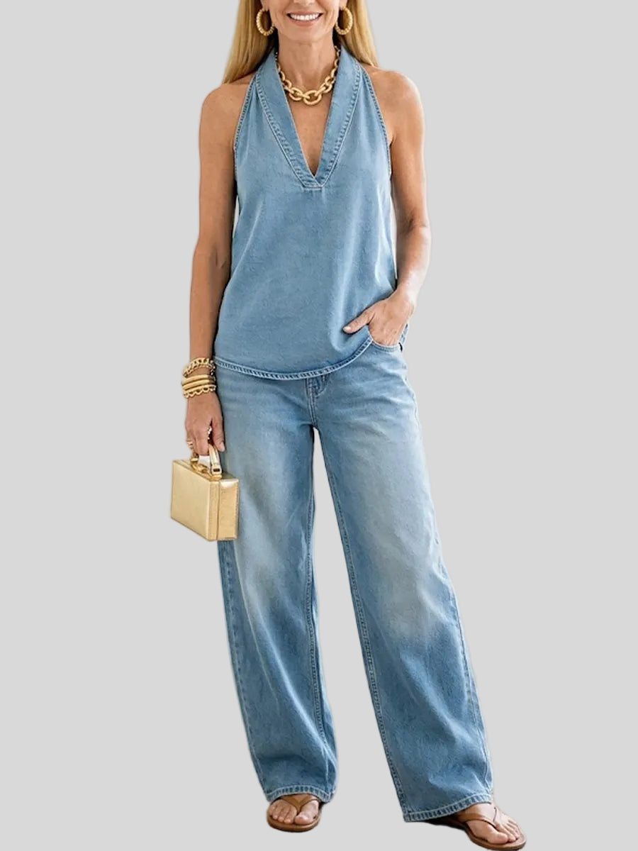 Simona - Completo due pezzi in denim vintage - vista frontale | Emma e Gemma