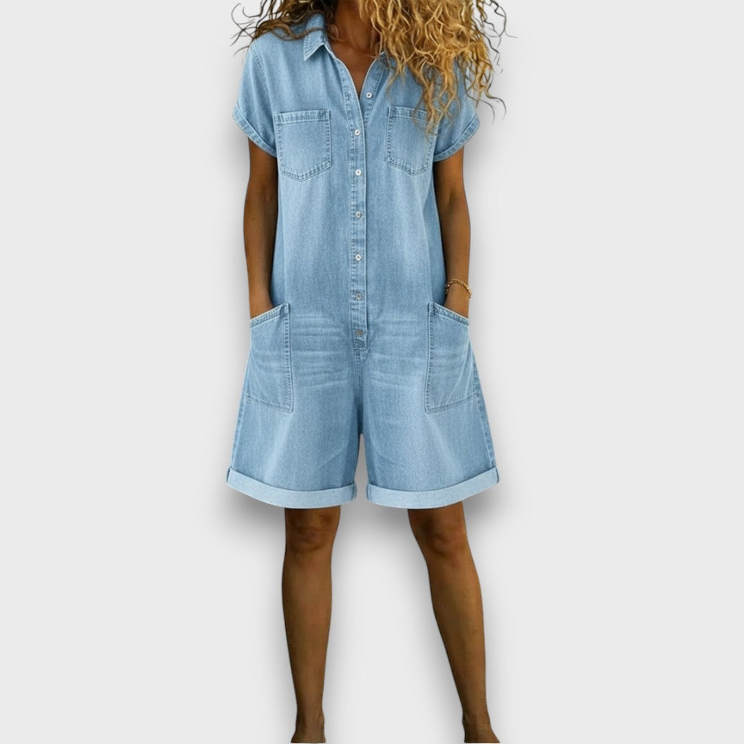 Federica - Salopette corta in cotone effetto denim - vista laterale | Emma e Gemma